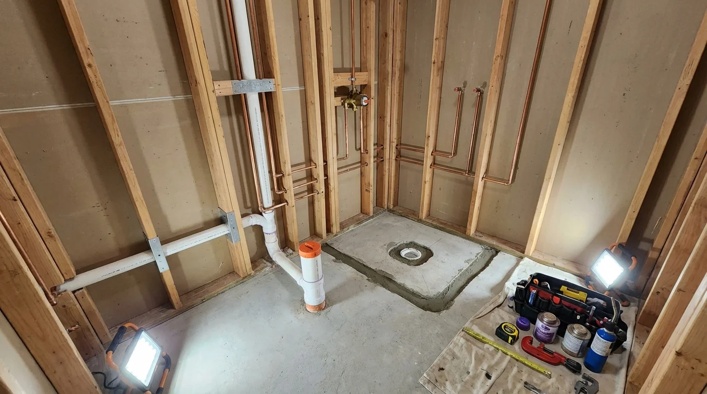 Bathroom rough-in plumbing during remodel by Johns Plumbing LLC in Martin