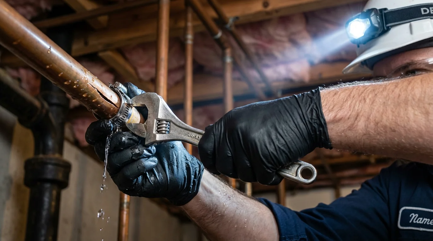 Emergency pipe clamp repair being performed by a Johns Plumbing LLC plumber in Martin