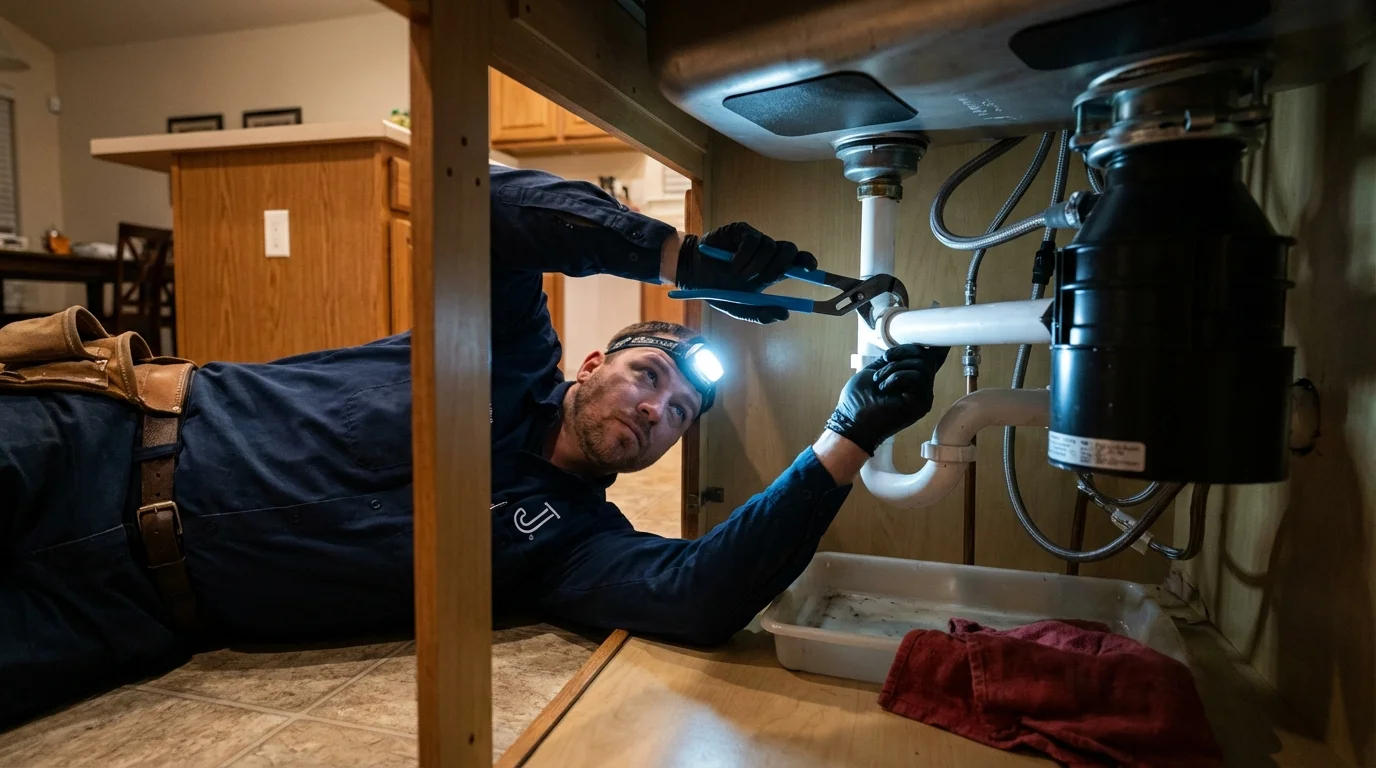 P-trap and supply line connections under a kitchen sink showing a common leak point in Martin, TN